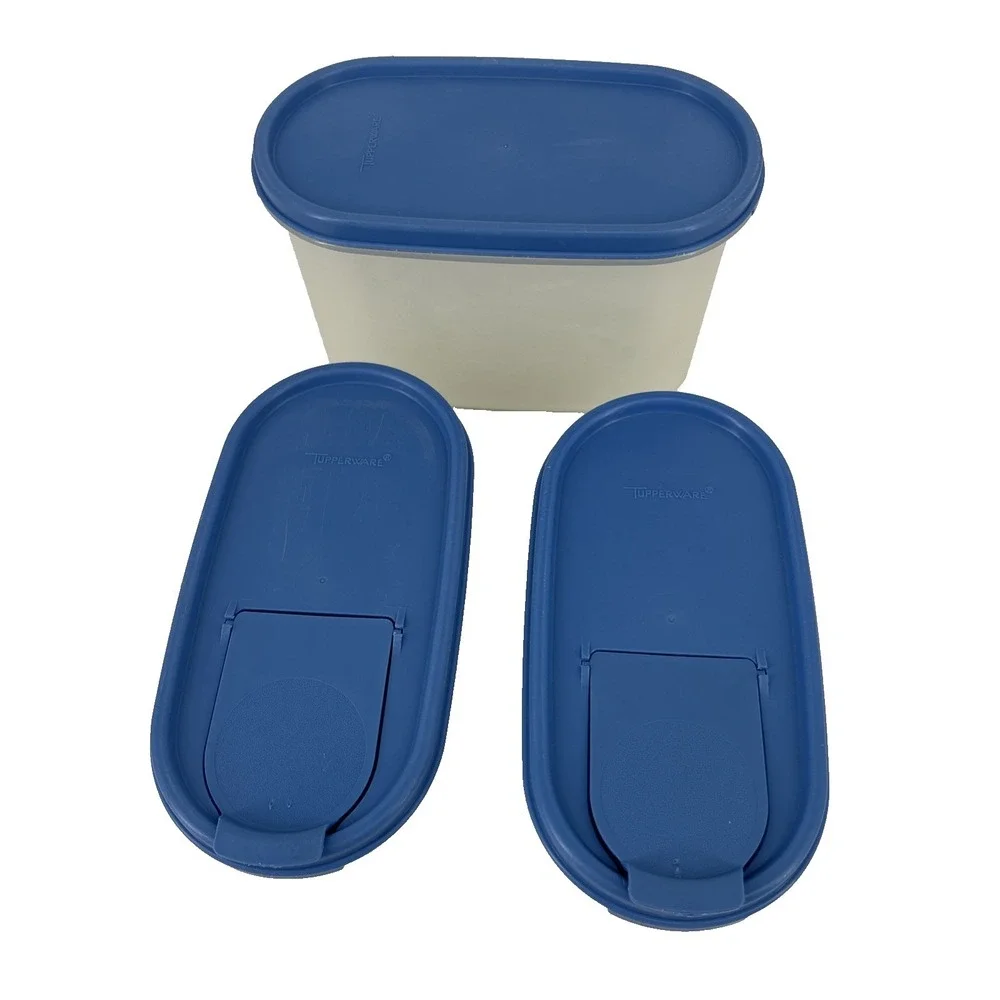 Tupperware Vintage Oval Container LOT (2) #1611-22 & (1) 4 3/4 W/ Blue Snap Lids